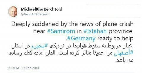 پیام سفیر آلمان برای سقوط هواپیماِی ایرانی/عکس
